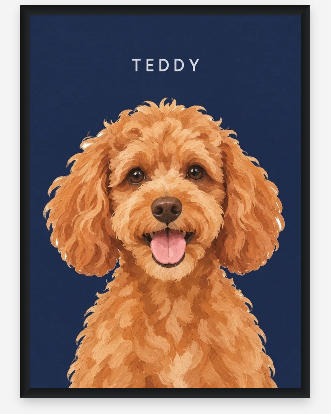 Custom pet portrait example, Navy background, With name print, Black frame