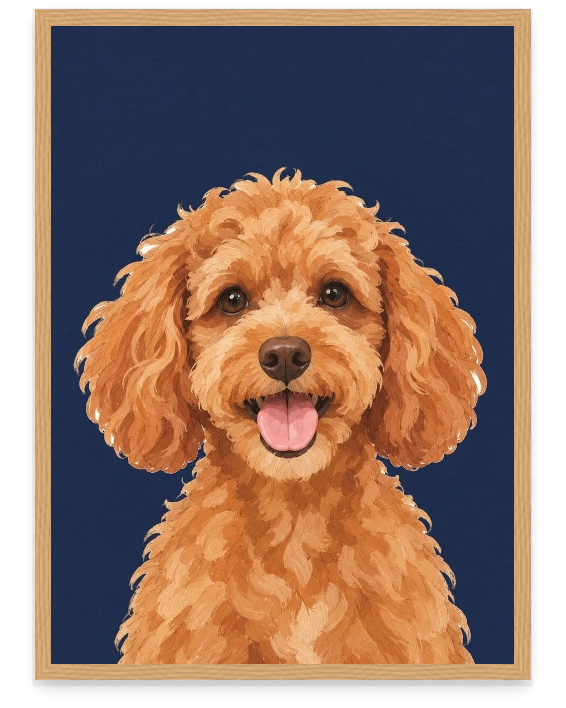 Custom pet portrait example, Navy background, No name print, Oak frame