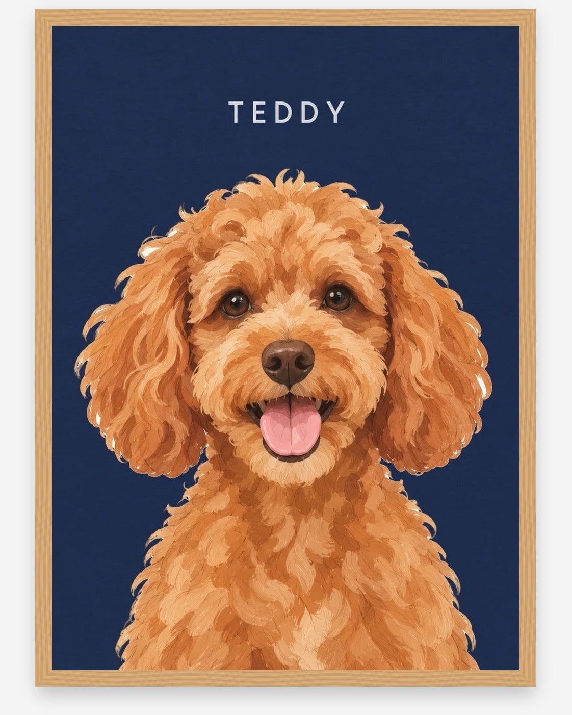 Custom pet portrait example, Navy background, With name print, Oak frame