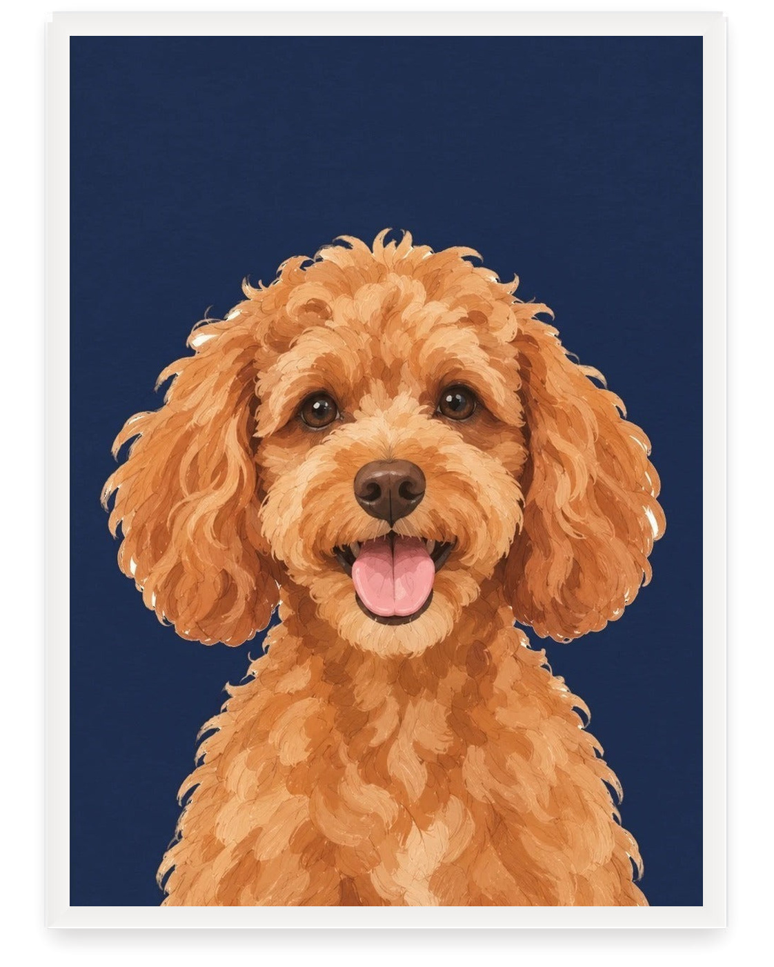 Custom pet portrait example, Navy background, No name print, White frame