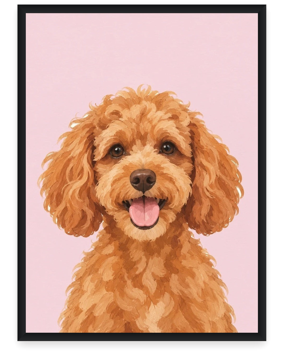 Custom pet portrait example, Pink background, No name print, Black frame
