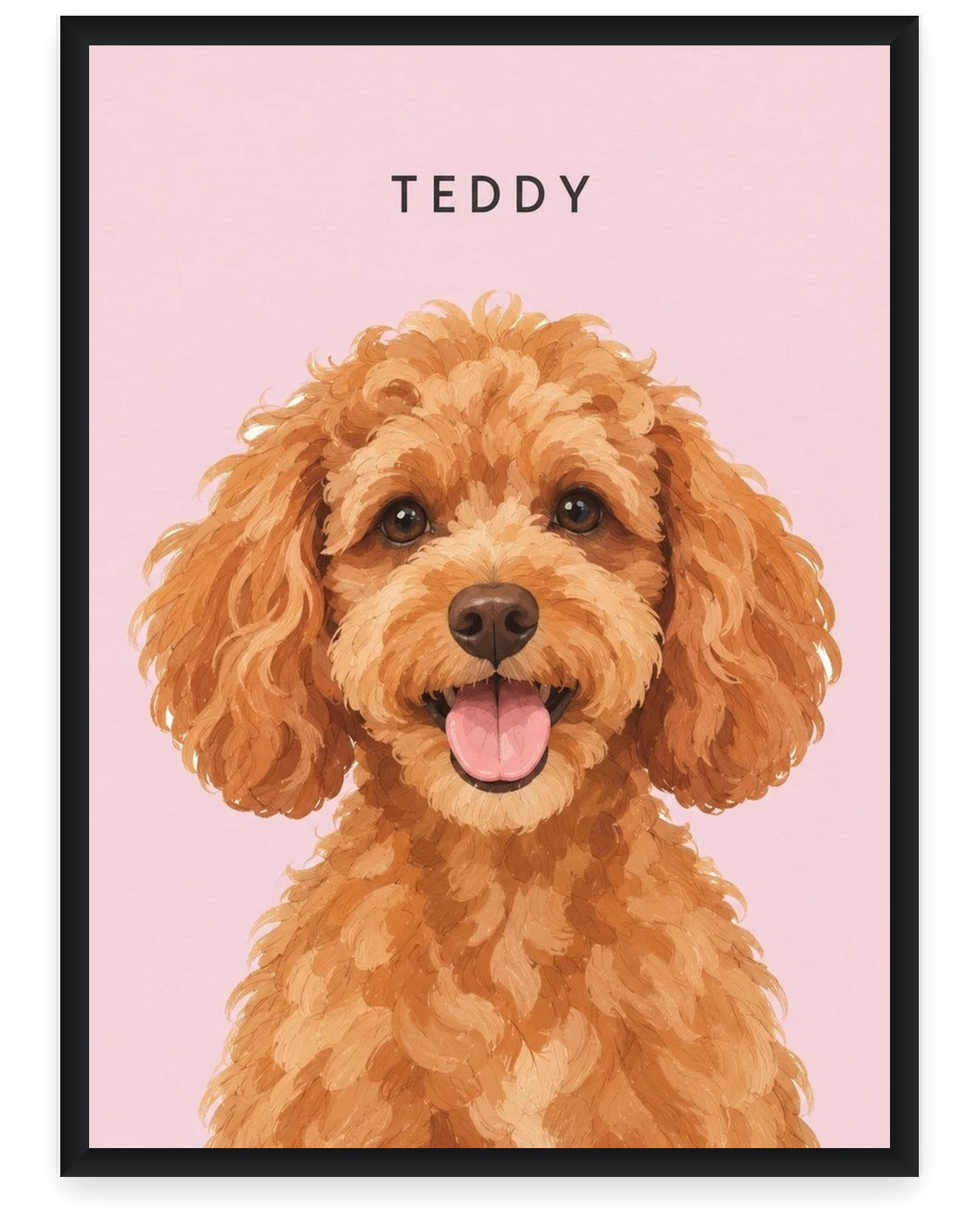 Custom pet portrait example, Pink background, With name print, Black frame