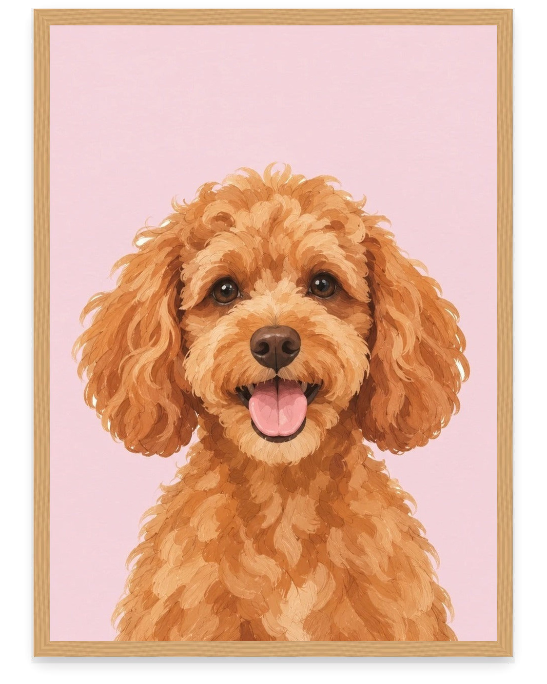 Custom pet portrait example, Pink background, No name print, Oak frame