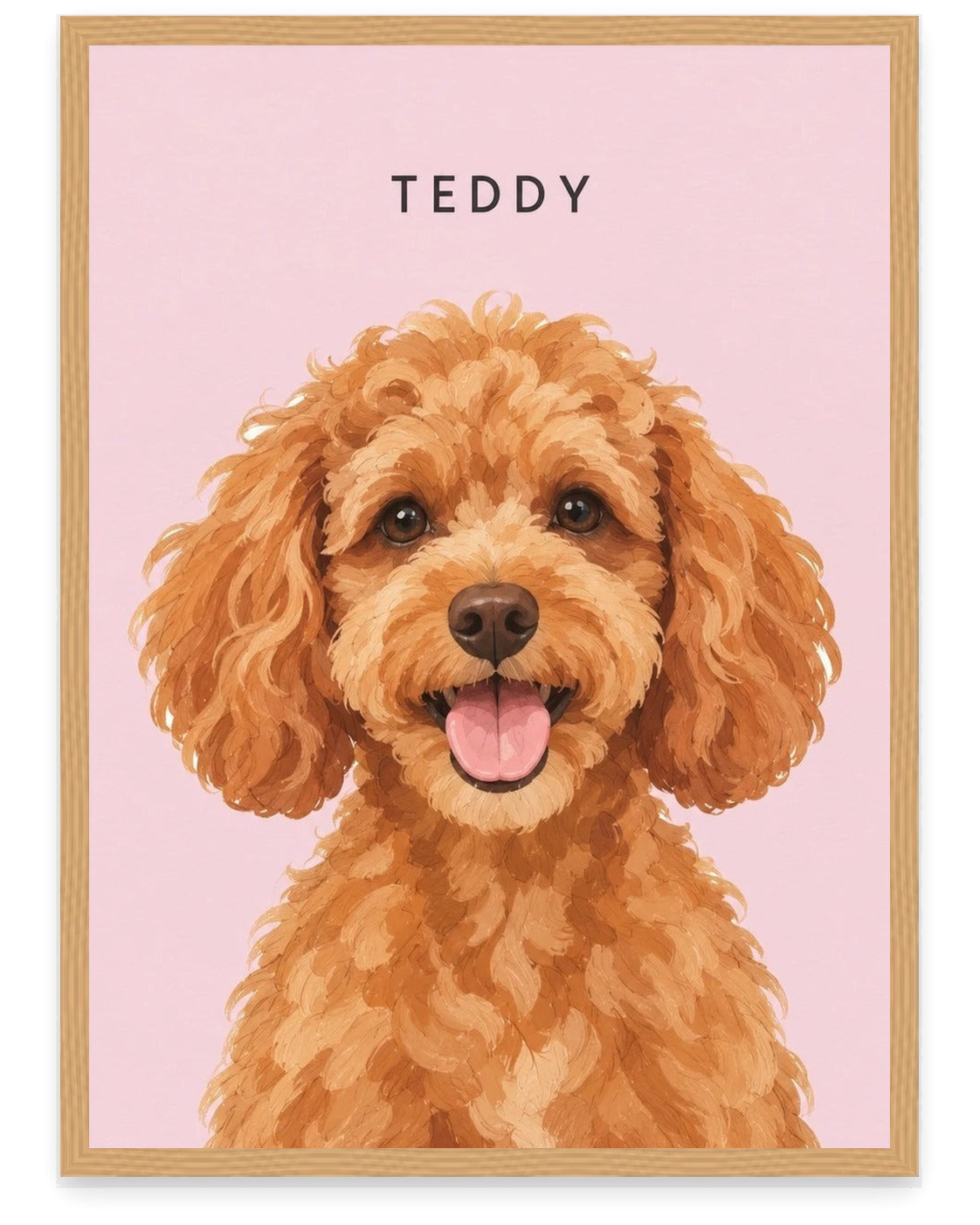 Custom pet portrait example, Pink background, With name print, Oak frame