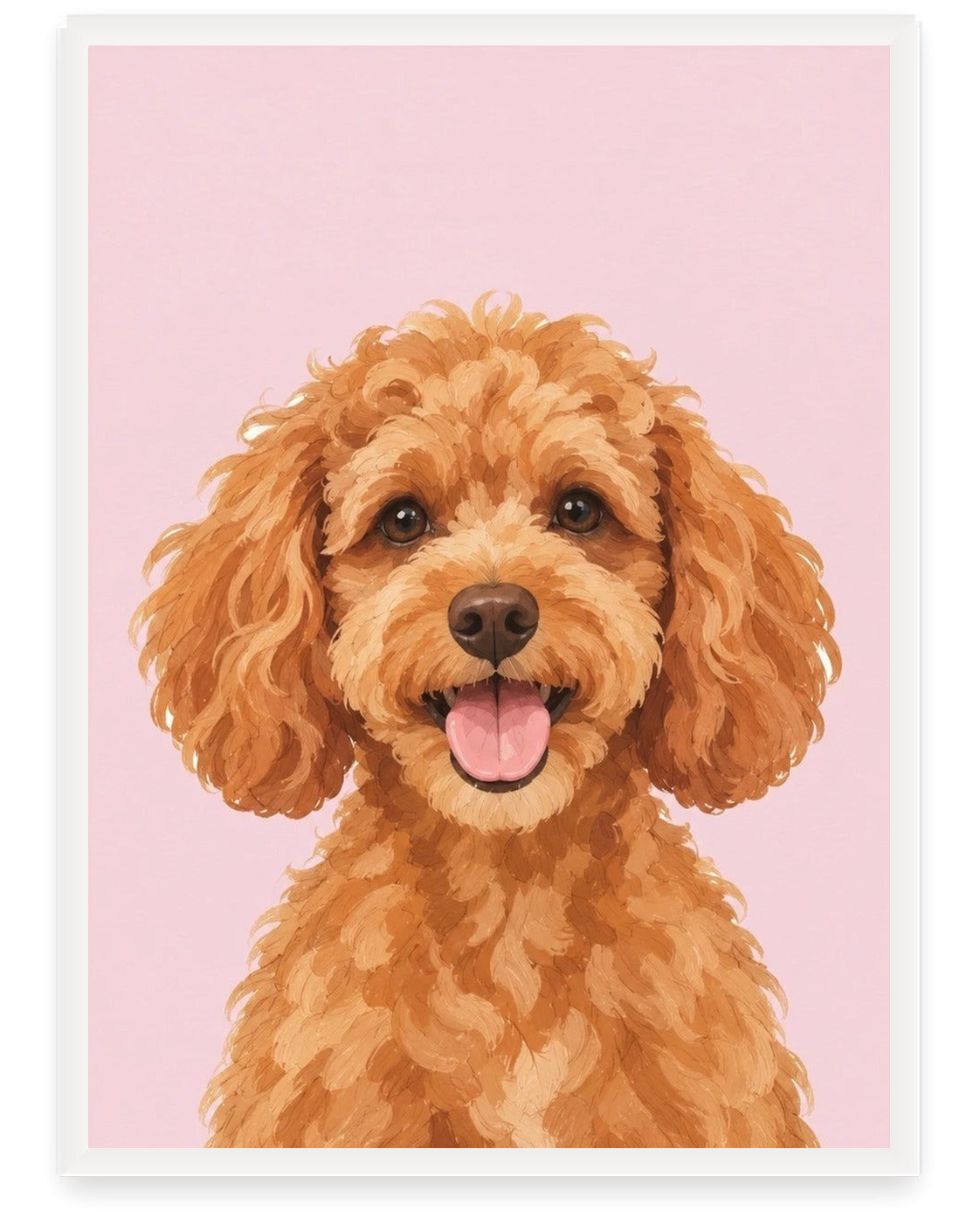 Custom pet portrait example, Pink background, No name print, White frame