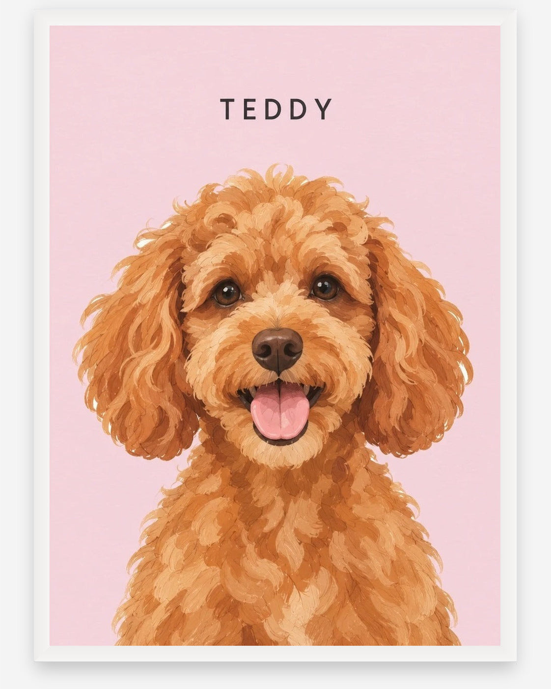 Custom pet portrait example, Pink background, With name print, White frame