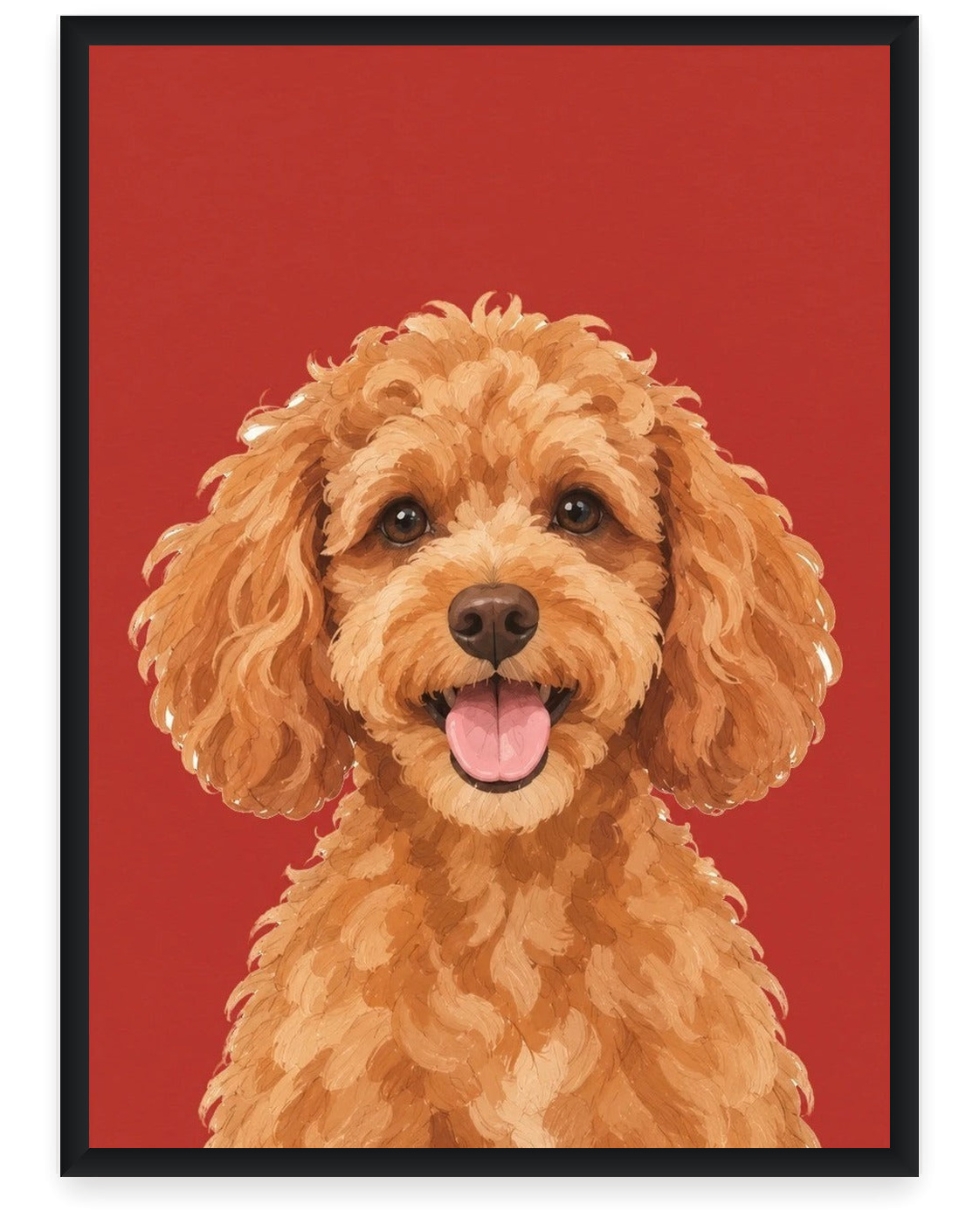 Custom pet portrait example, Red background, No name print, Black frame
