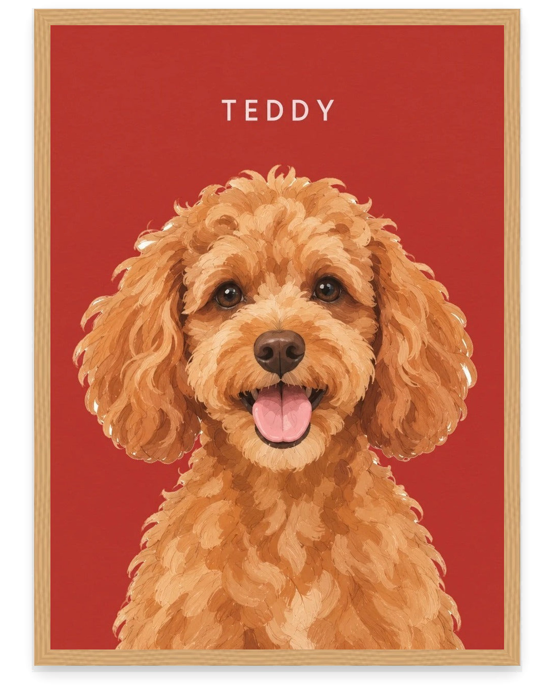 Custom pet portrait example, Red background, With name print, Oak frame