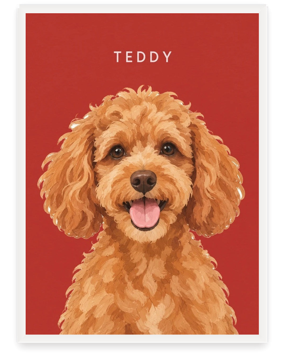 Custom pet portrait example, Red background, With name print, White frame