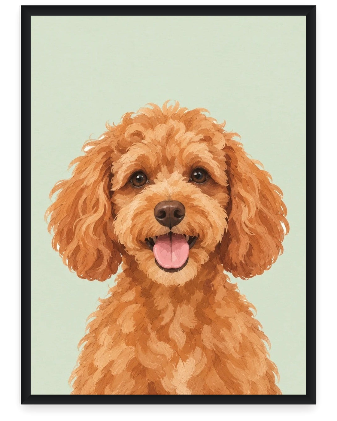 Custom pet portrait example, Sage background, No name print, Black frame