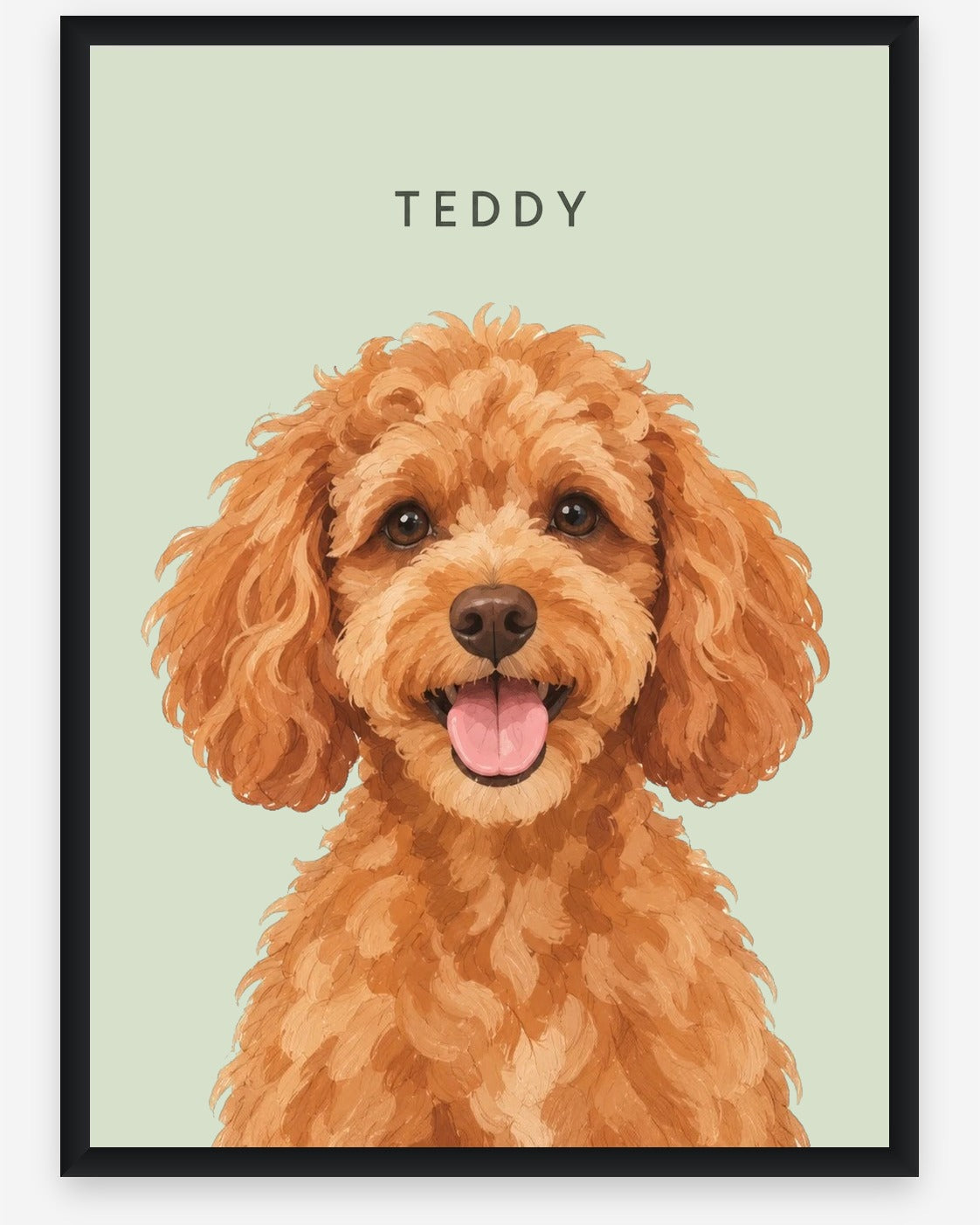 Custom pet portrait example, Sage background, With name print, Black frame
