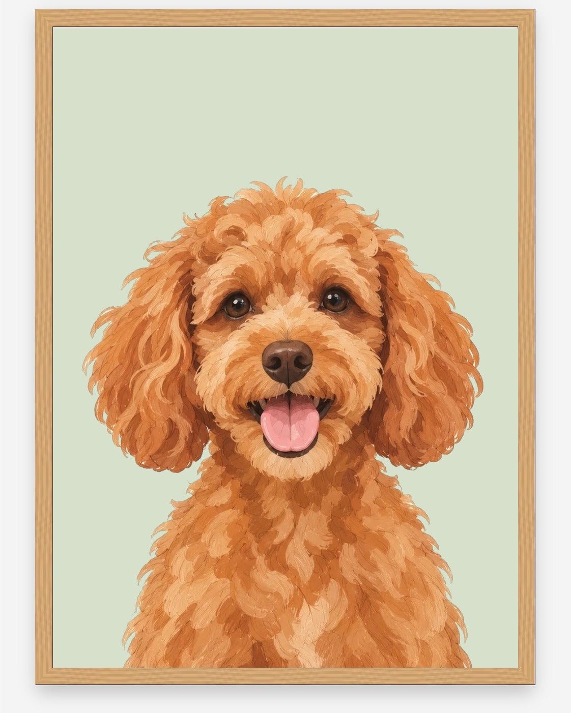 Custom pet portrait example, Sage background, No name print, Oak frame