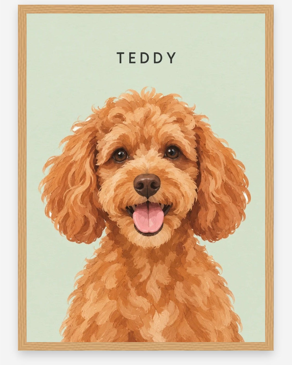 Custom pet portrait example, Sage background, With name print, Oak frame