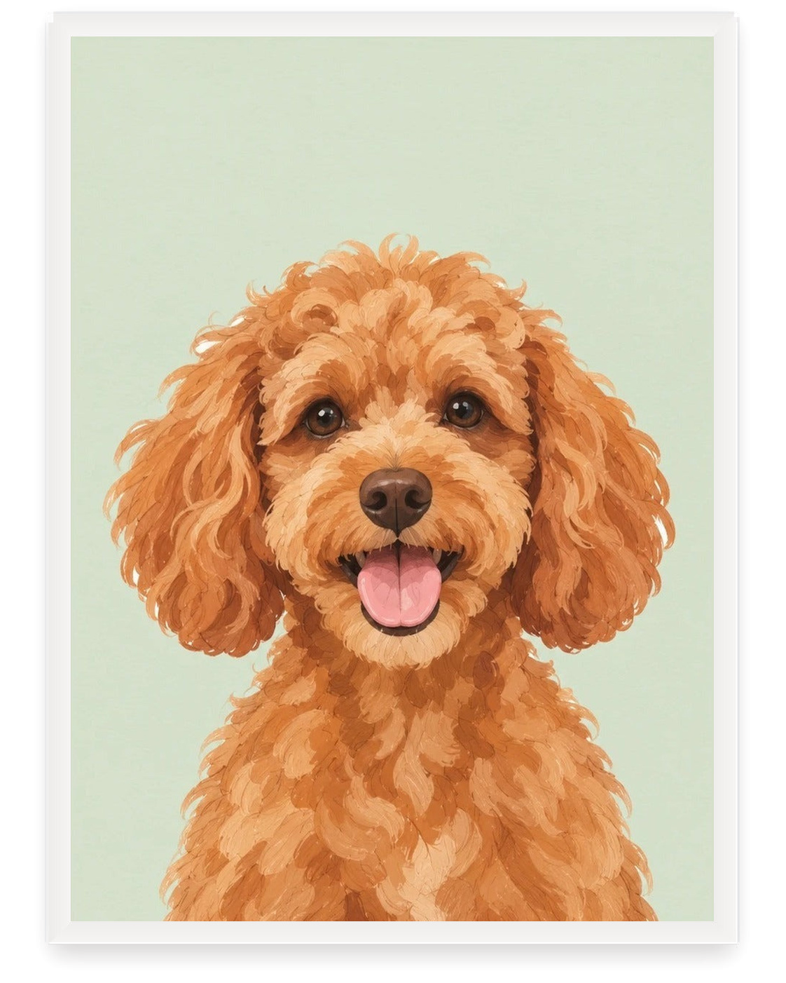 Custom pet portrait example, Sage background, No name print, White frame