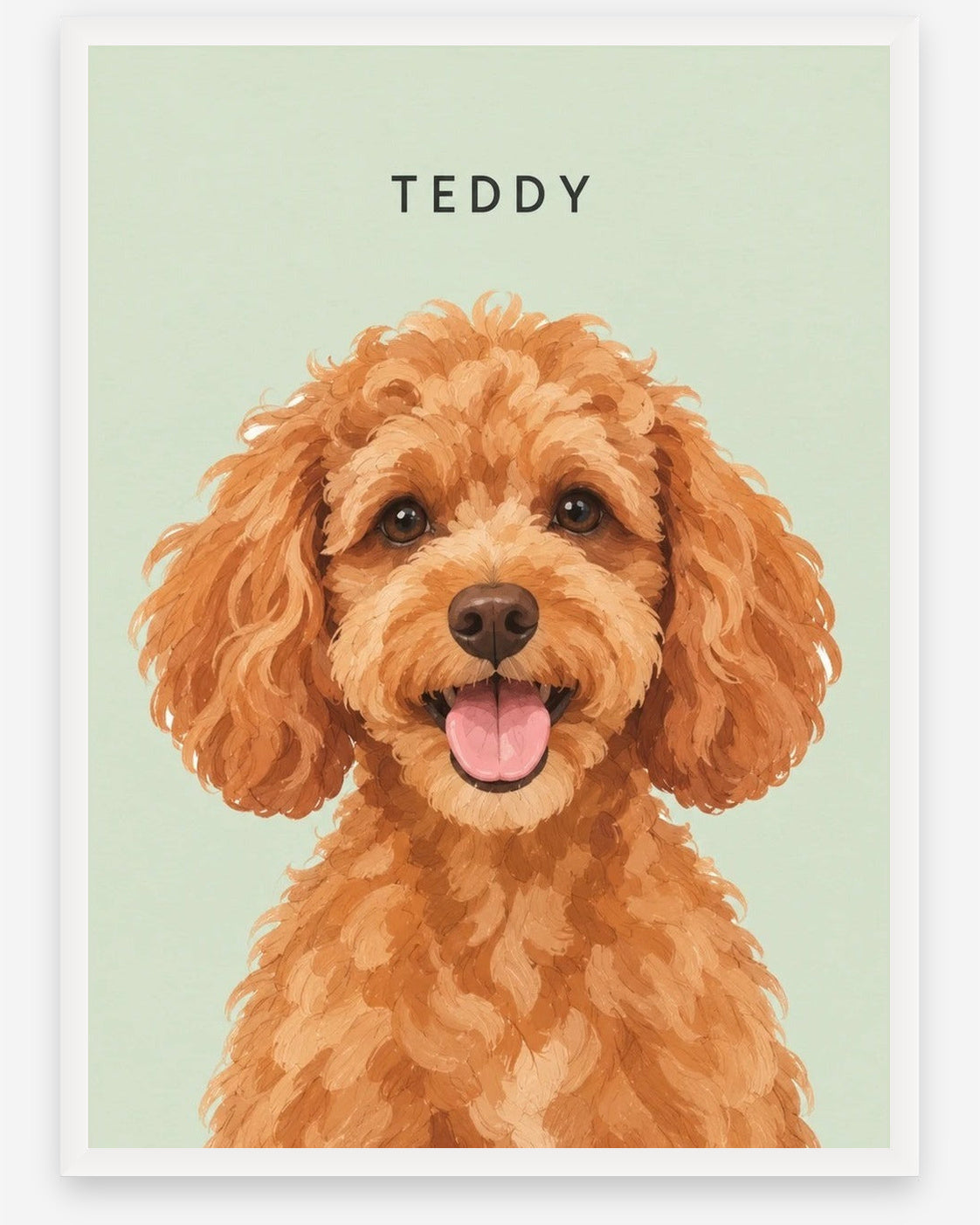 Custom pet portrait example, Sage background, With name print, White frame