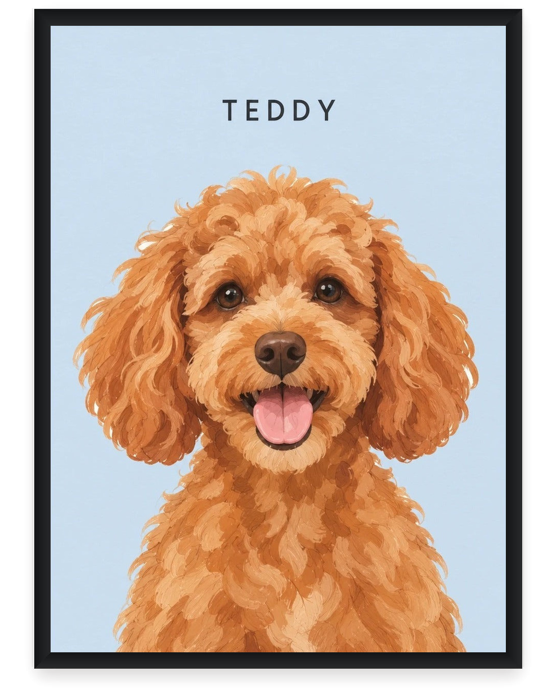 Custom pet portrait example, Sky Blue background, With name print, Black frame