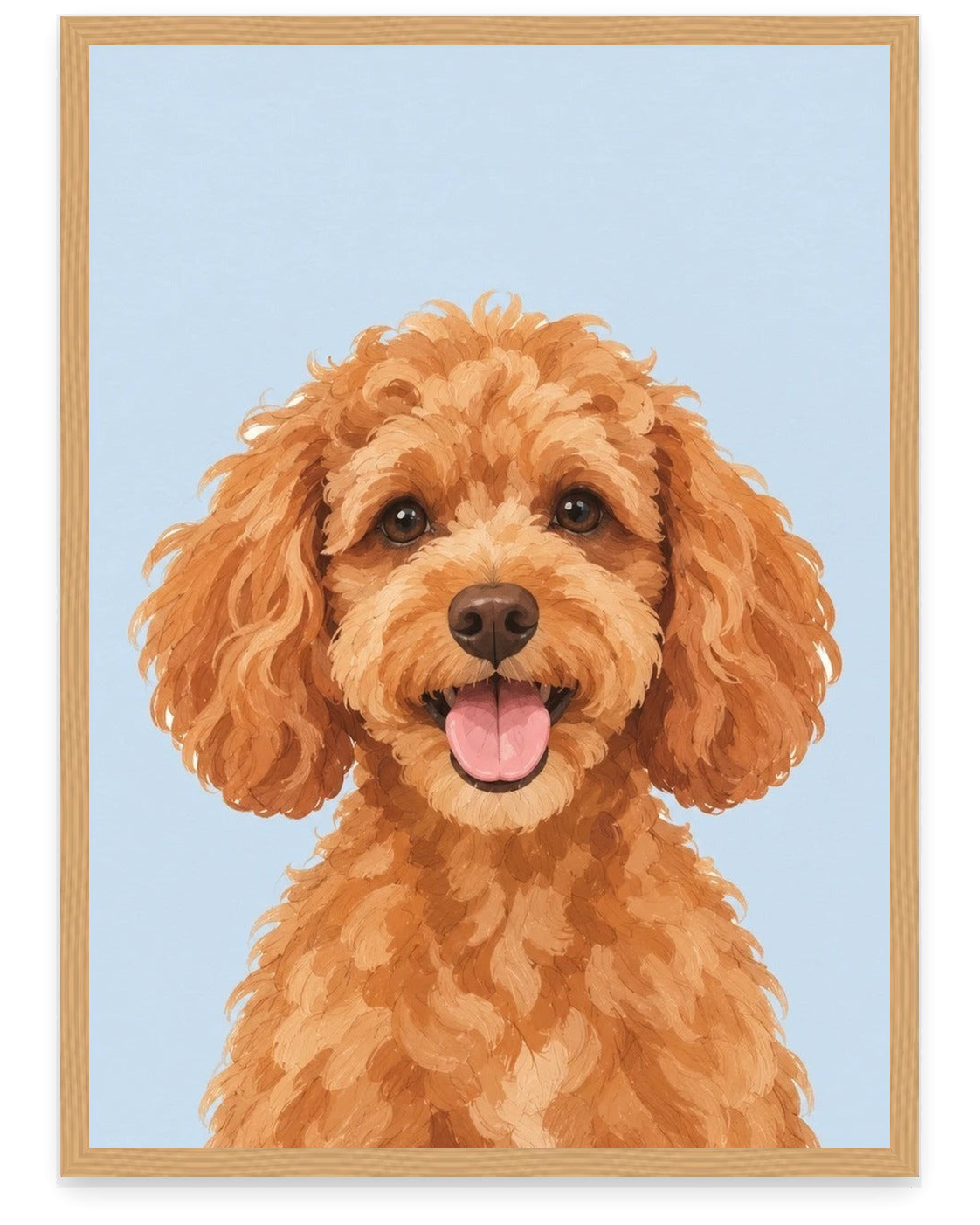 Custom pet portrait example, Sky Blue background, No name print, Oak frame