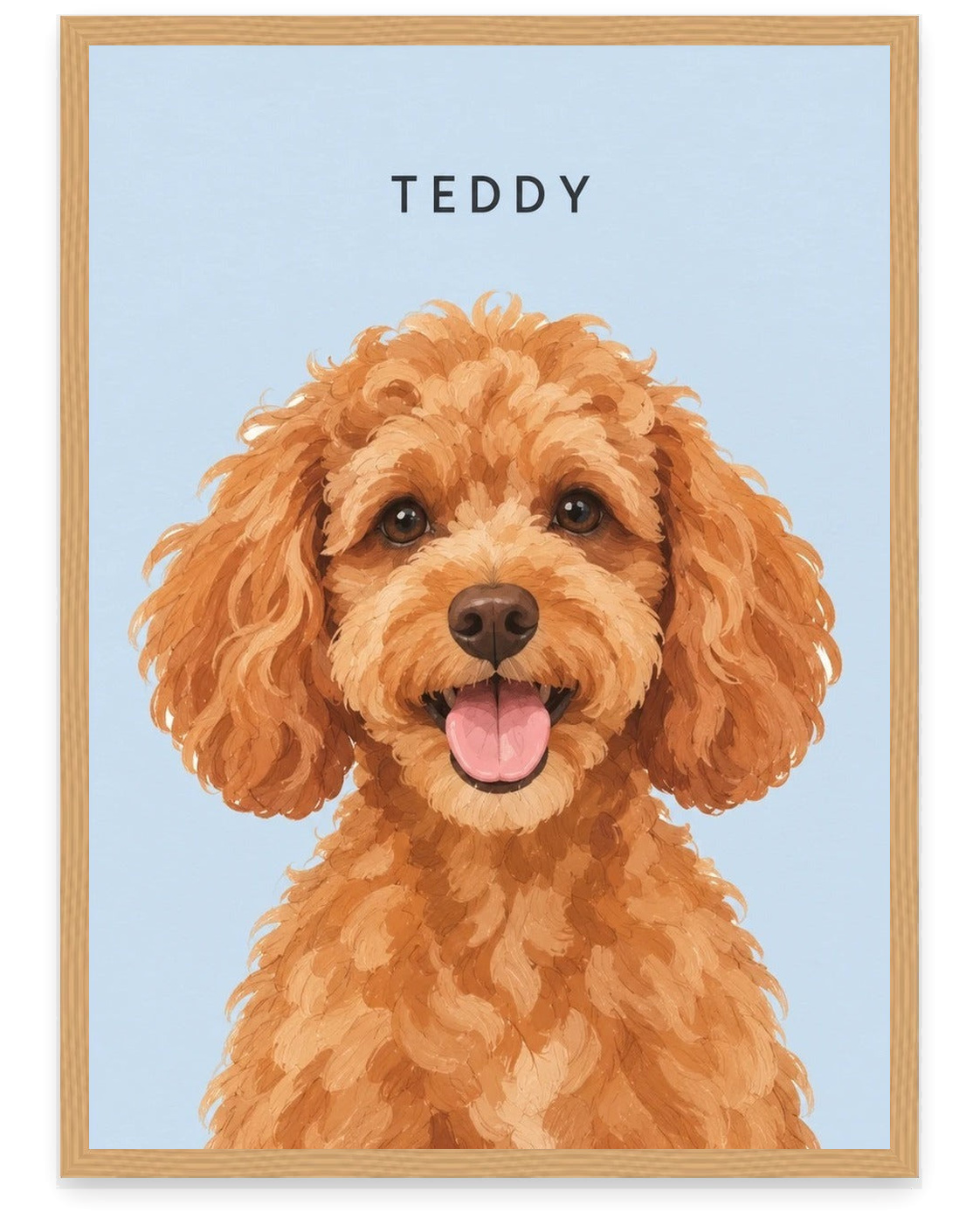 Custom pet portrait example, Sky Blue background, With name print, Oak frame