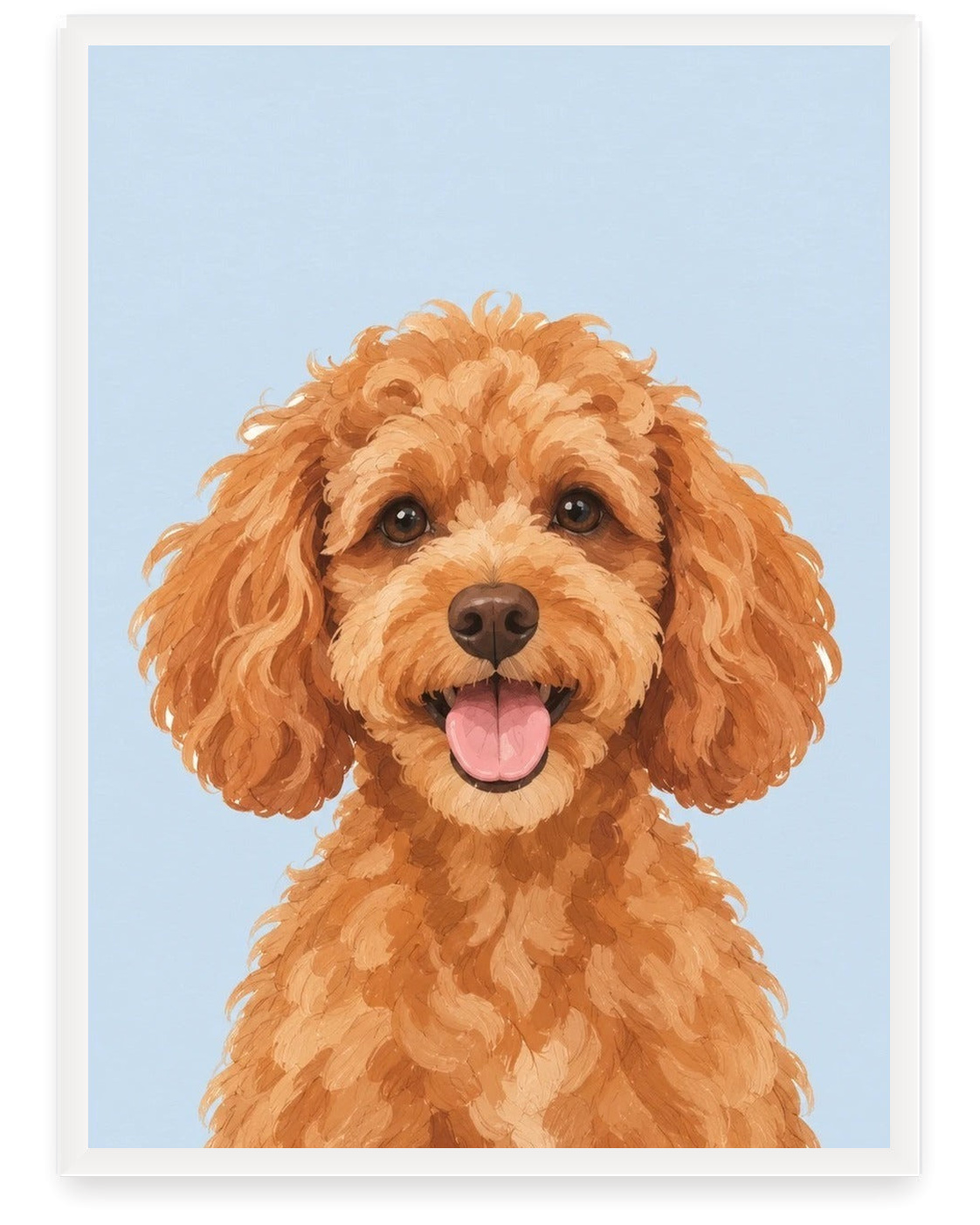 Custom pet portrait example, Sky Blue background, No name print, White frame