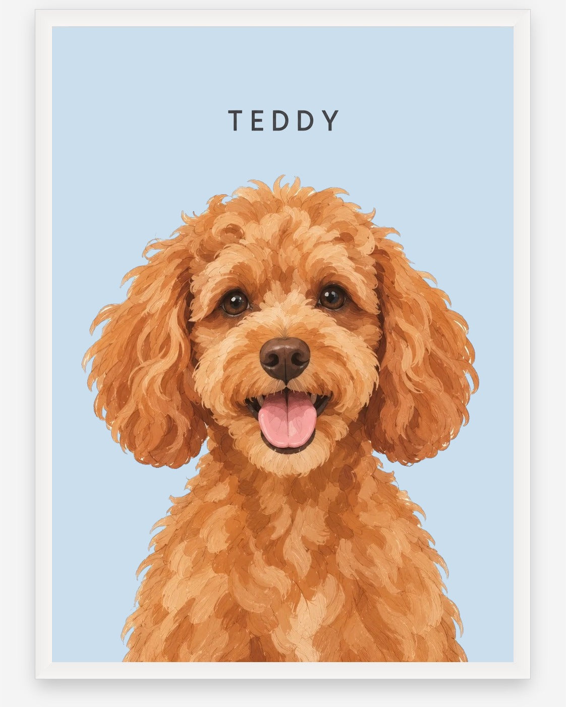 Custom pet portrait example, Sky Blue background, With name print, White frame