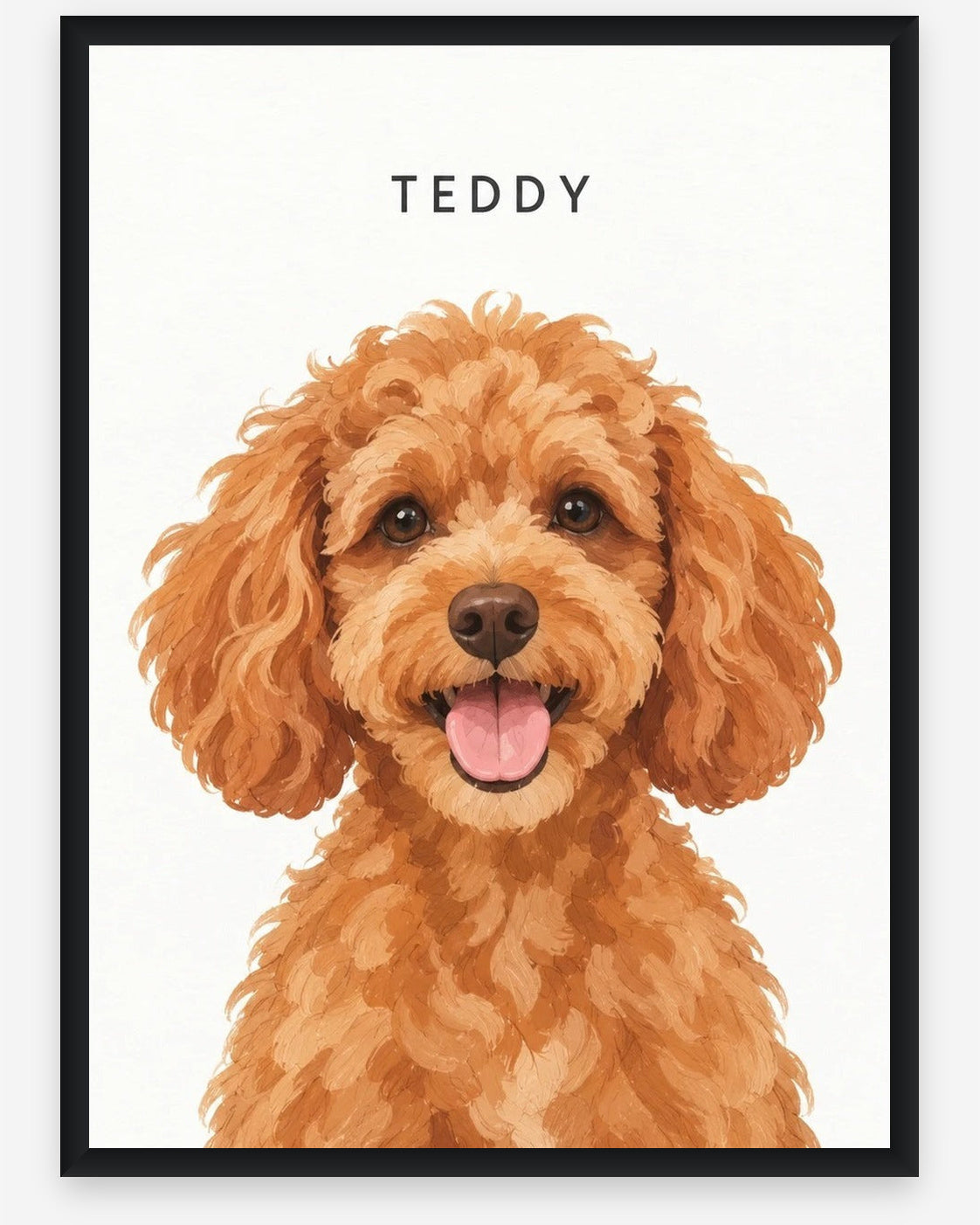 Custom pet portrait example, White background, With name print, Black frame