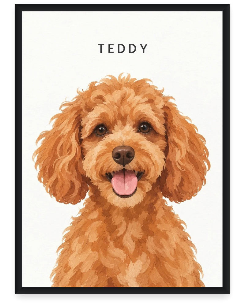 Custom pet portrait example, White background, With name print, Black frame