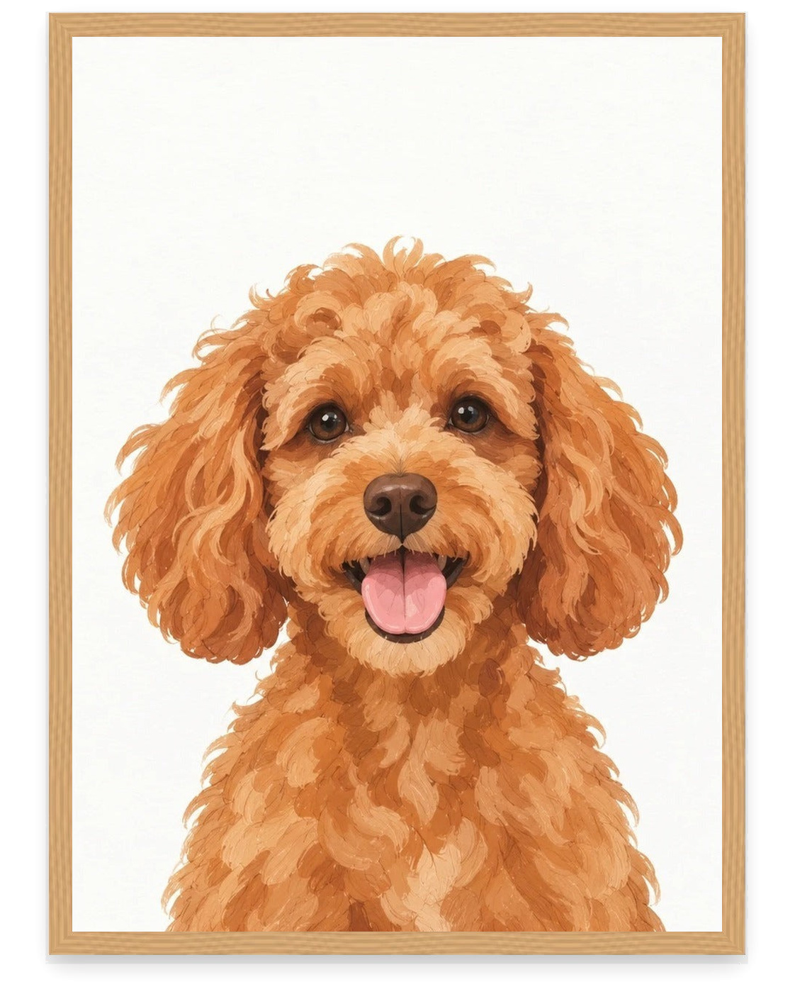 Custom pet portrait example, White background, No name print, Oak frame