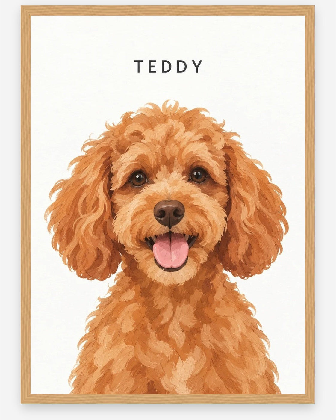 Custom pet portrait example, White background, With name print, Oak frame