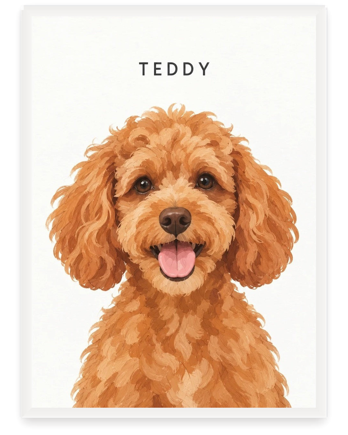 Custom pet portrait example, White background, With name print, White frame