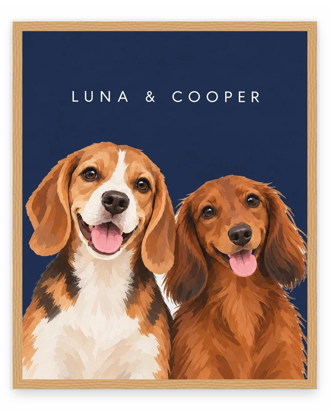 The Duo example, Navy background, With name print, Oak frame