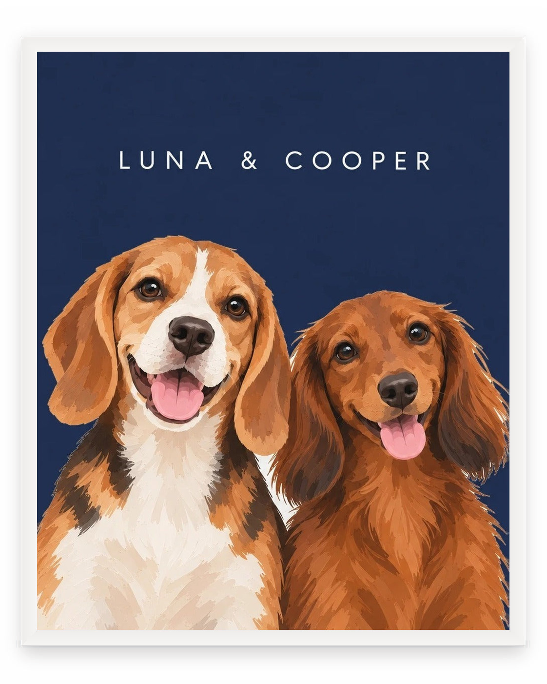 The Duo example, Navy background, With name print, White frame