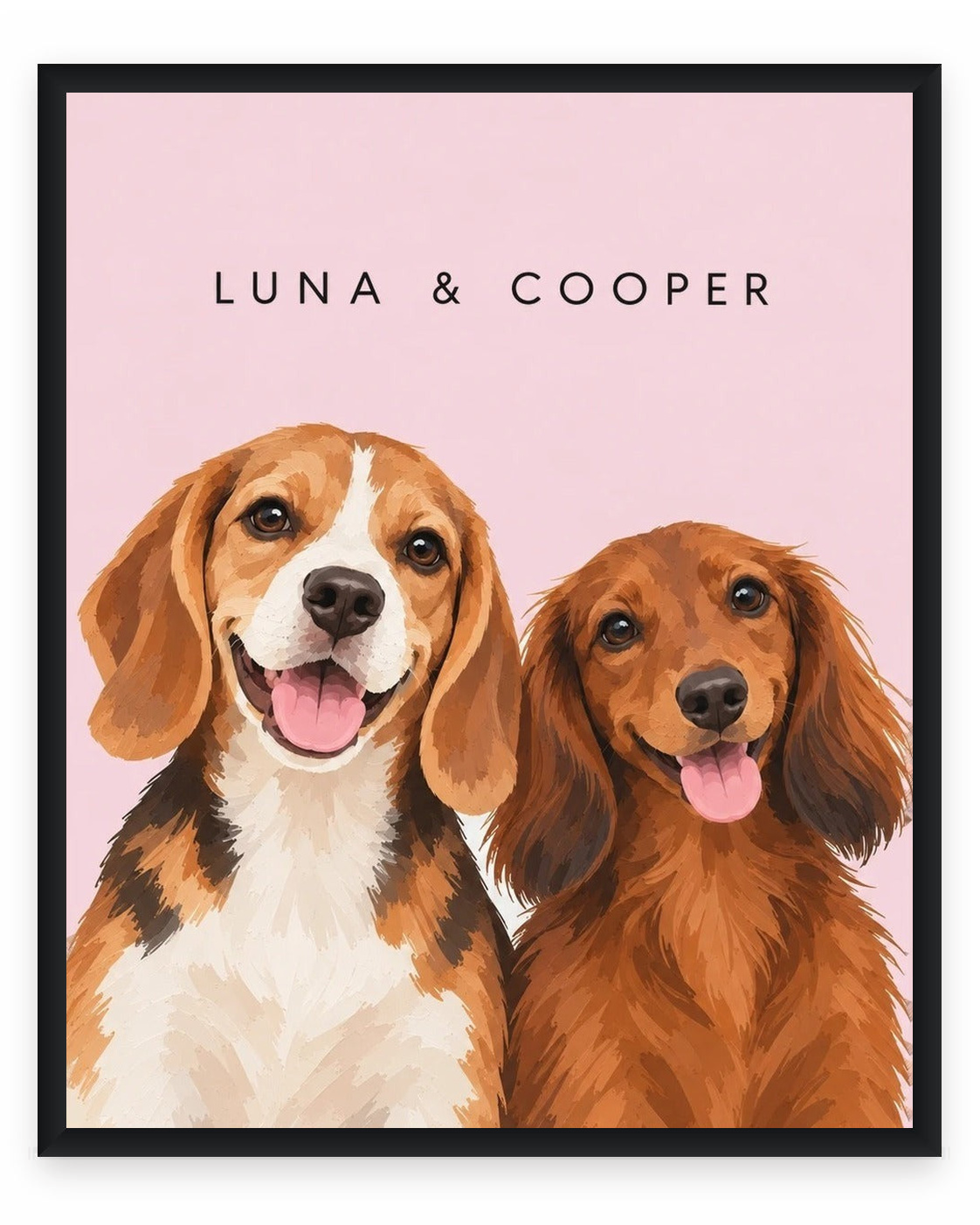 The Duo example, Pink background, With name print, Black frame