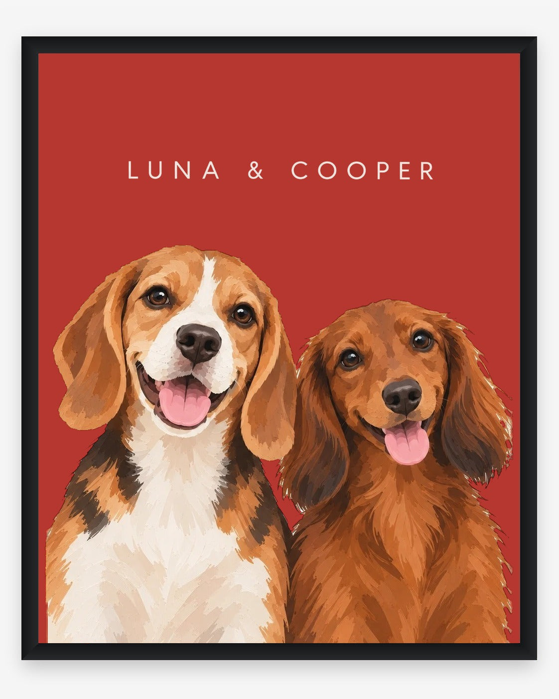 The Duo example, Red background, With name print, Black frame