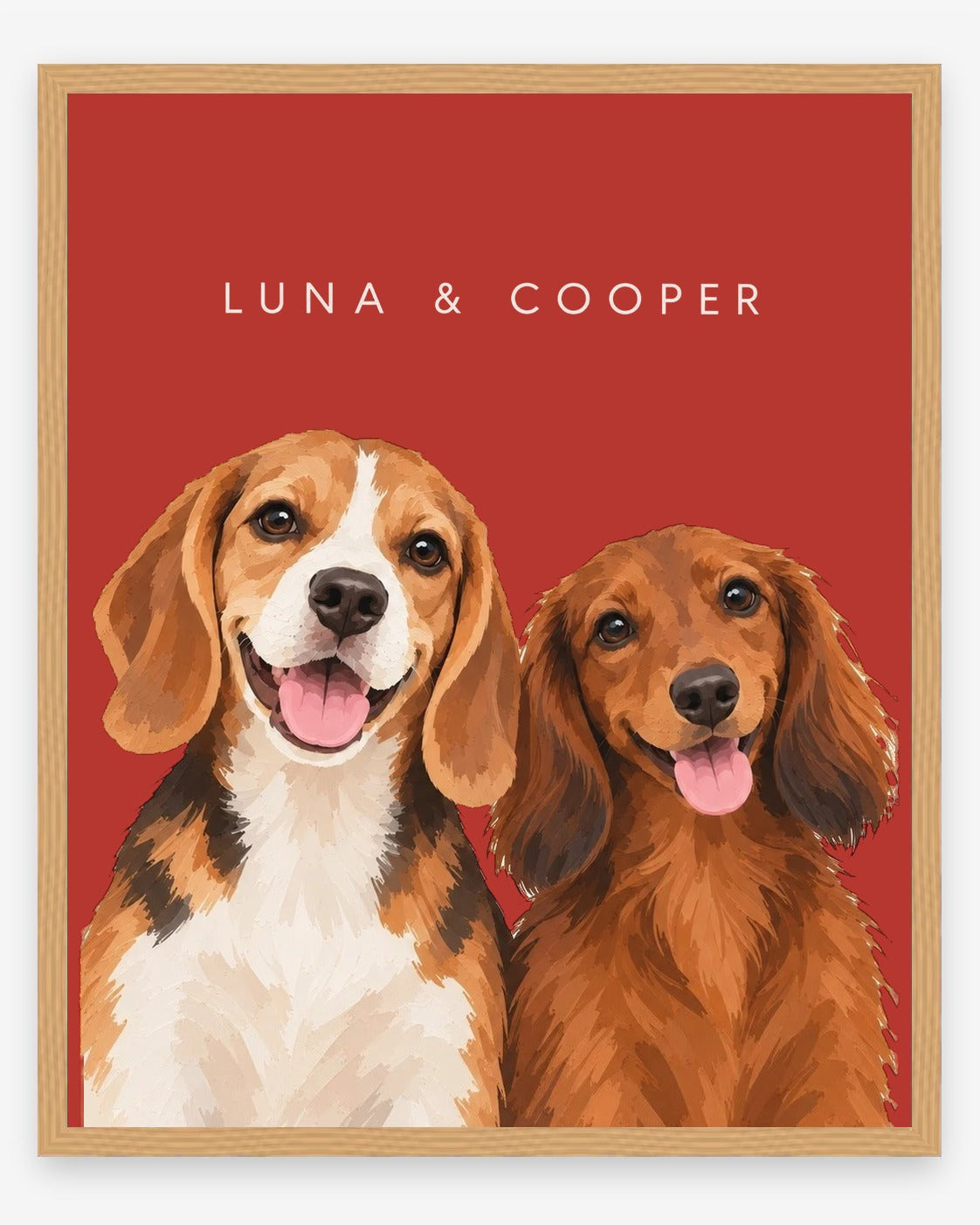 The Duo example, Red background, With name print, Oak frame