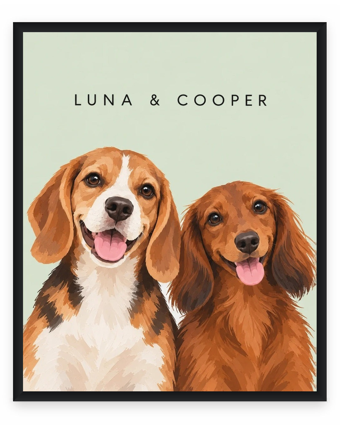 The Duo example, Sage background, With name print, Black frame