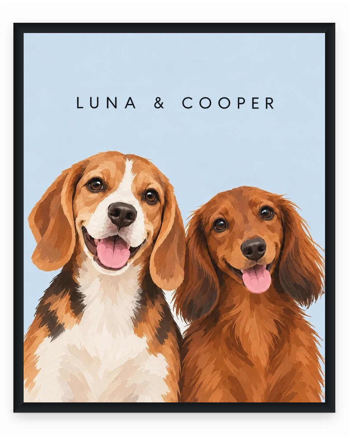 The Duo example, Sky Blue background, With name print, Black frame