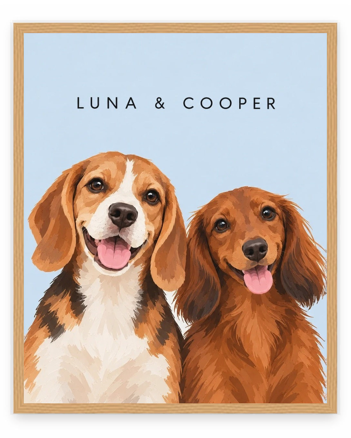 The Duo example, Sky Blue background, With name print, Oak frame