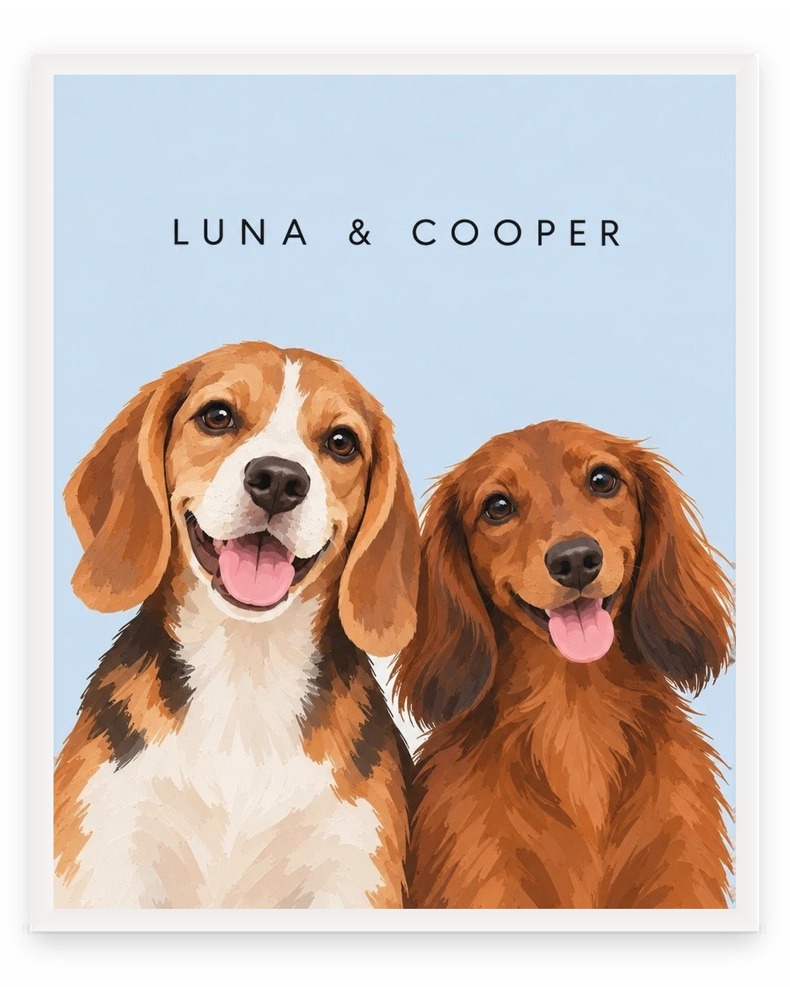 The Duo example, Sky Blue background, With name print, White frame