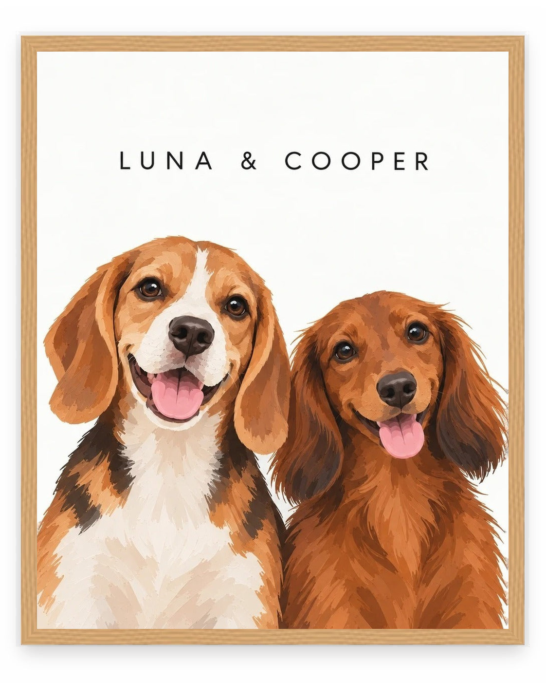 The Duo example, White background, With name print, Oak frame