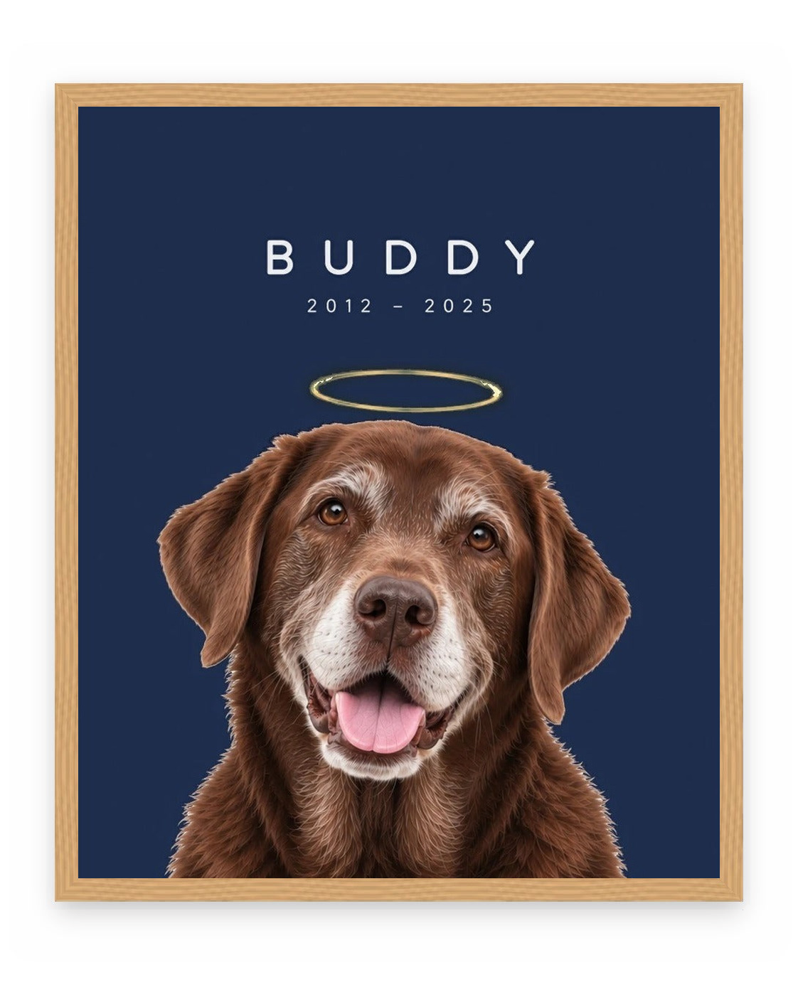 Forever Loved example, Navy background, With name print, Oak frame