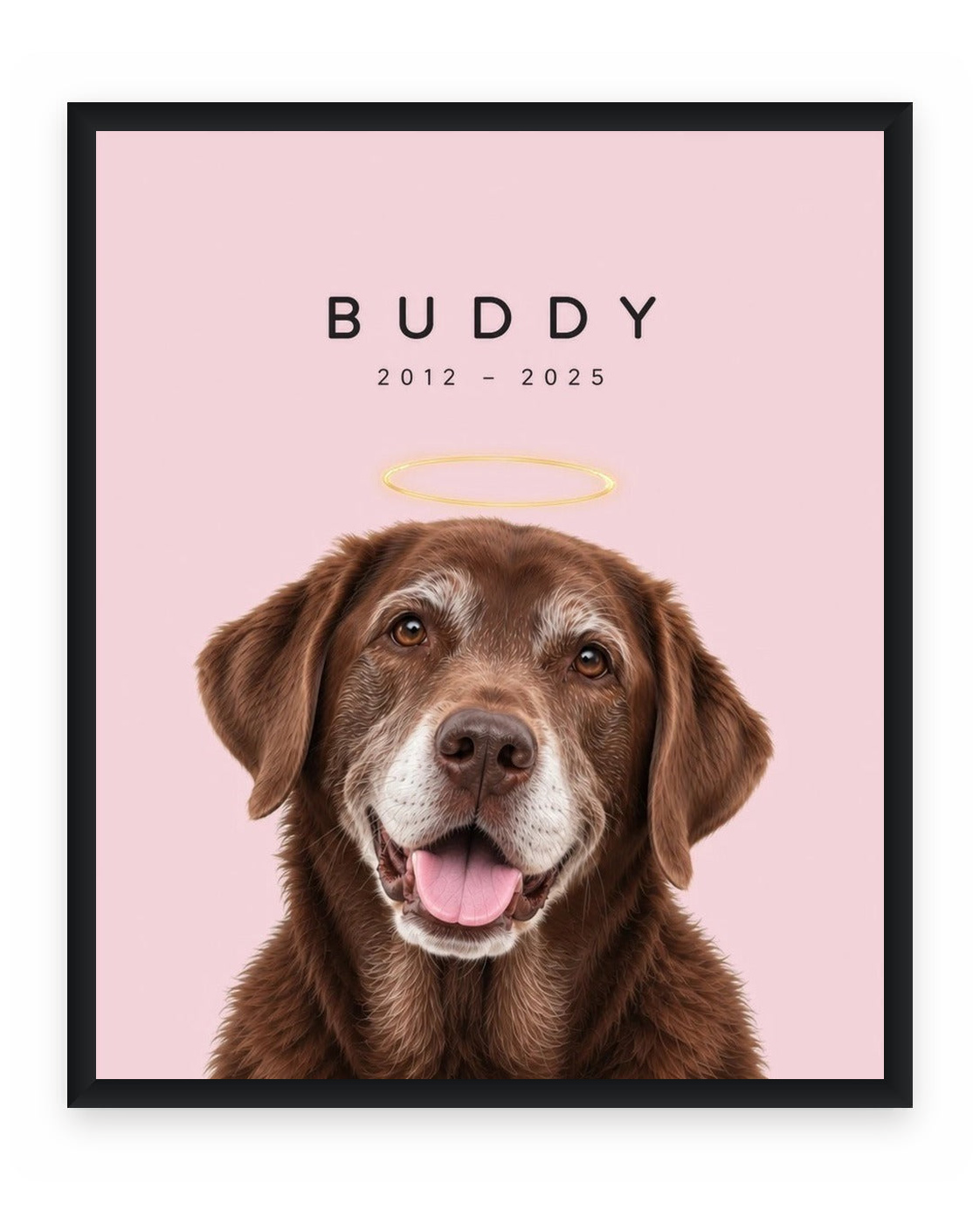 Forever Loved example, Pink background, With name print, Black frame