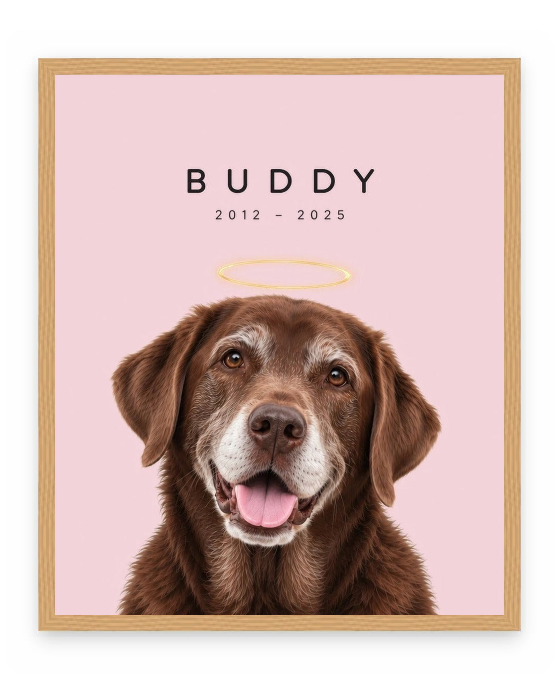 Forever Loved example, Pink background, With name print, Oak frame