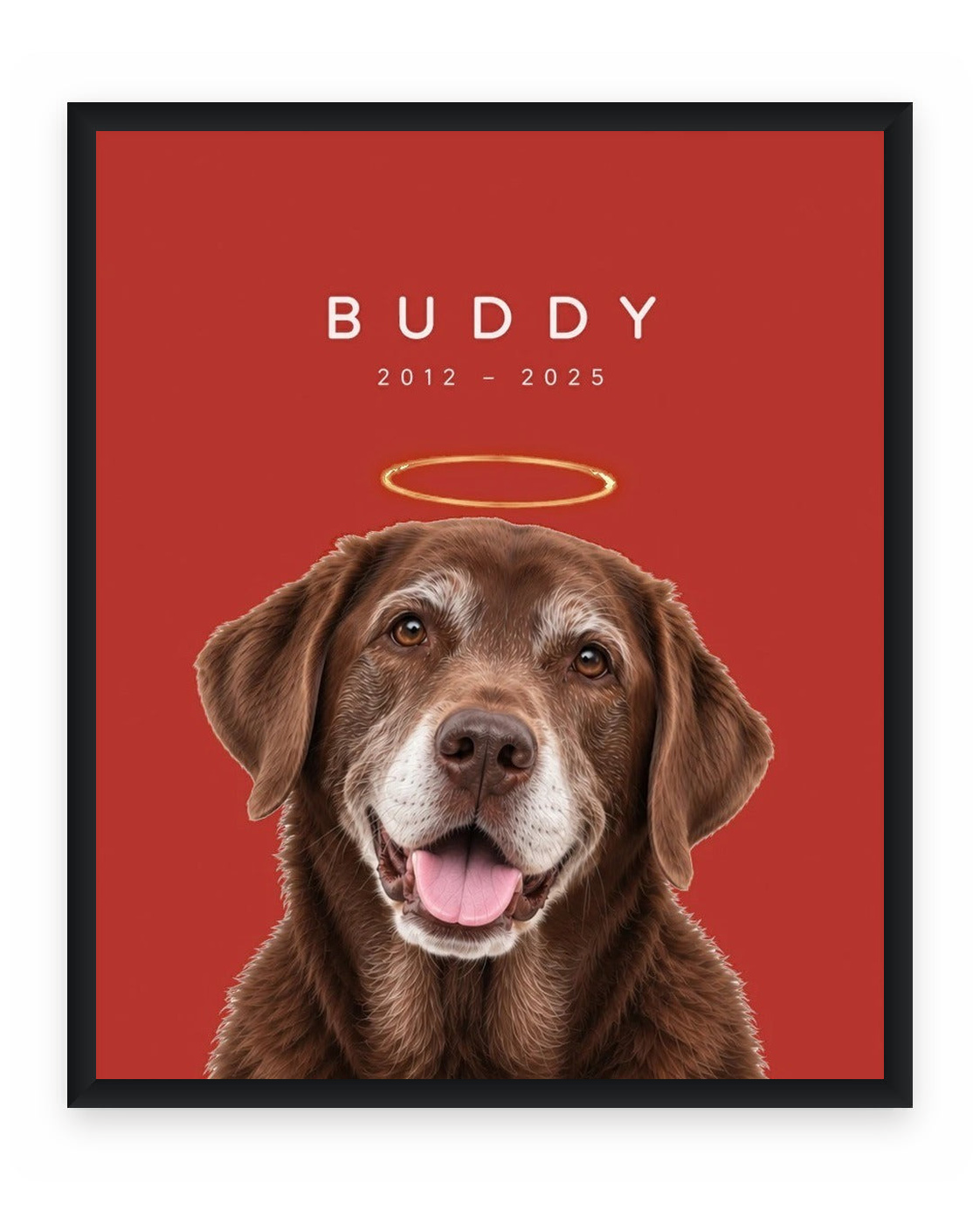 Forever Loved example, Red background, With name print, Black frame
