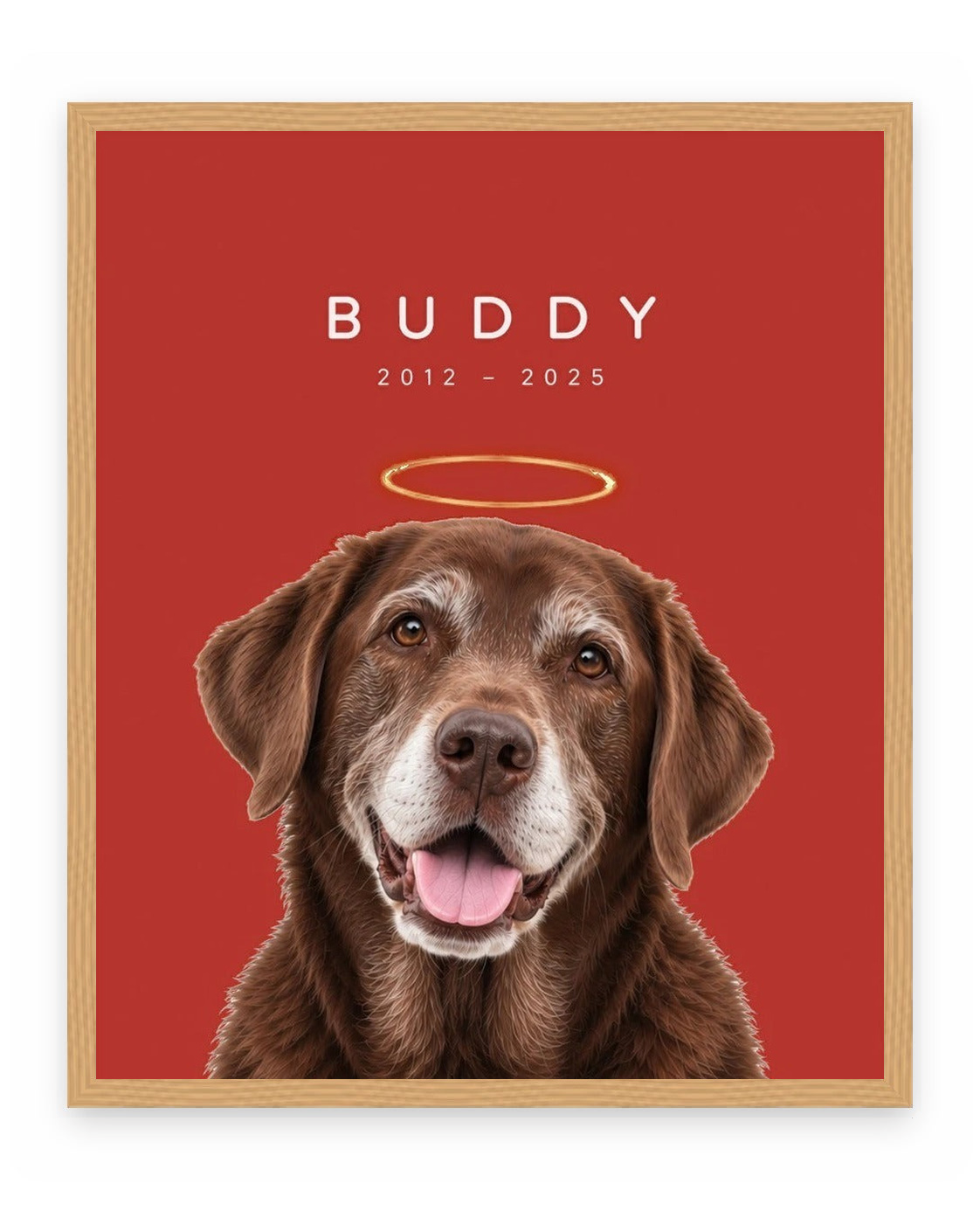 Forever Loved example, Red background, With name print, Oak frame