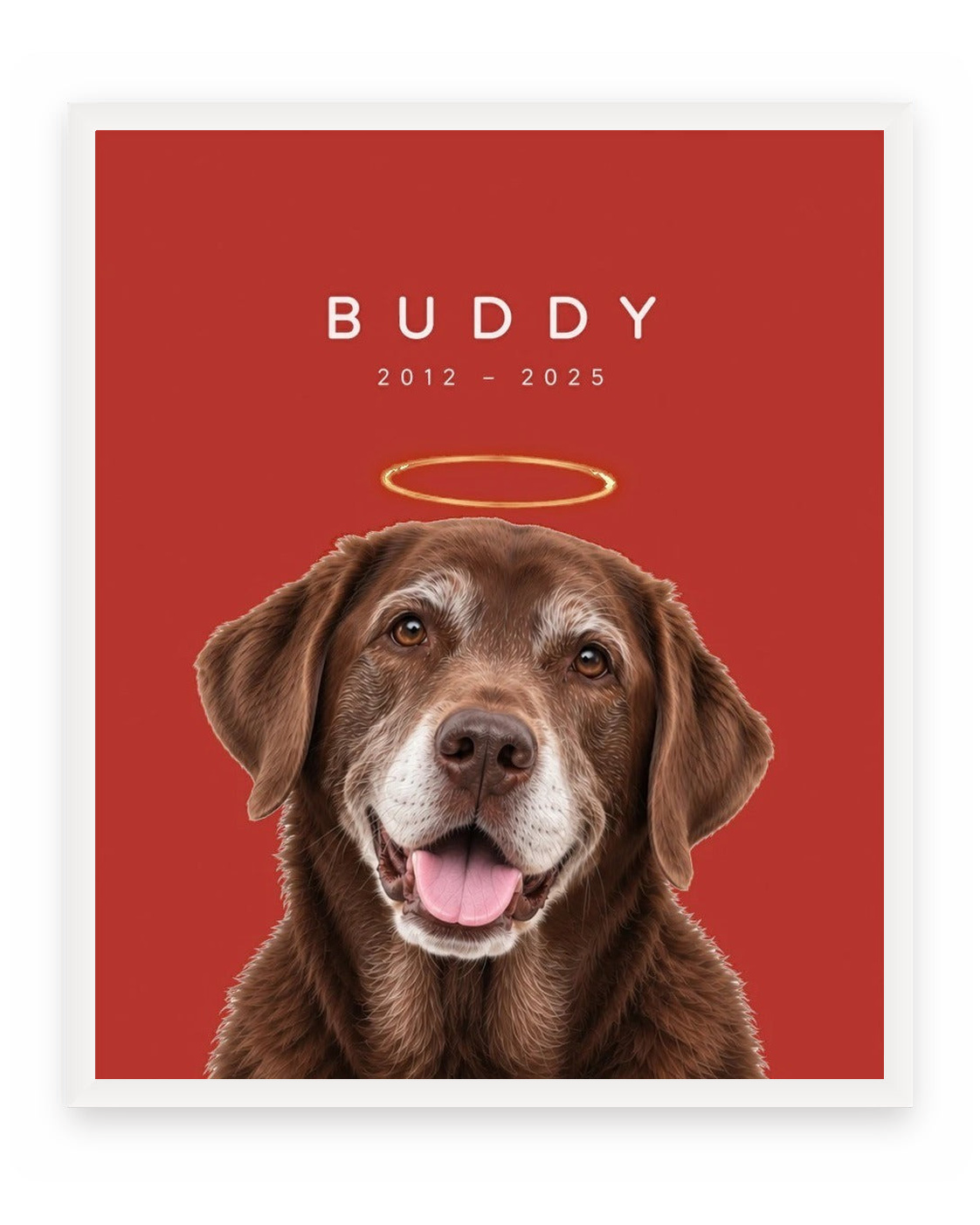 Forever Loved example, Red background, With name print, White frame