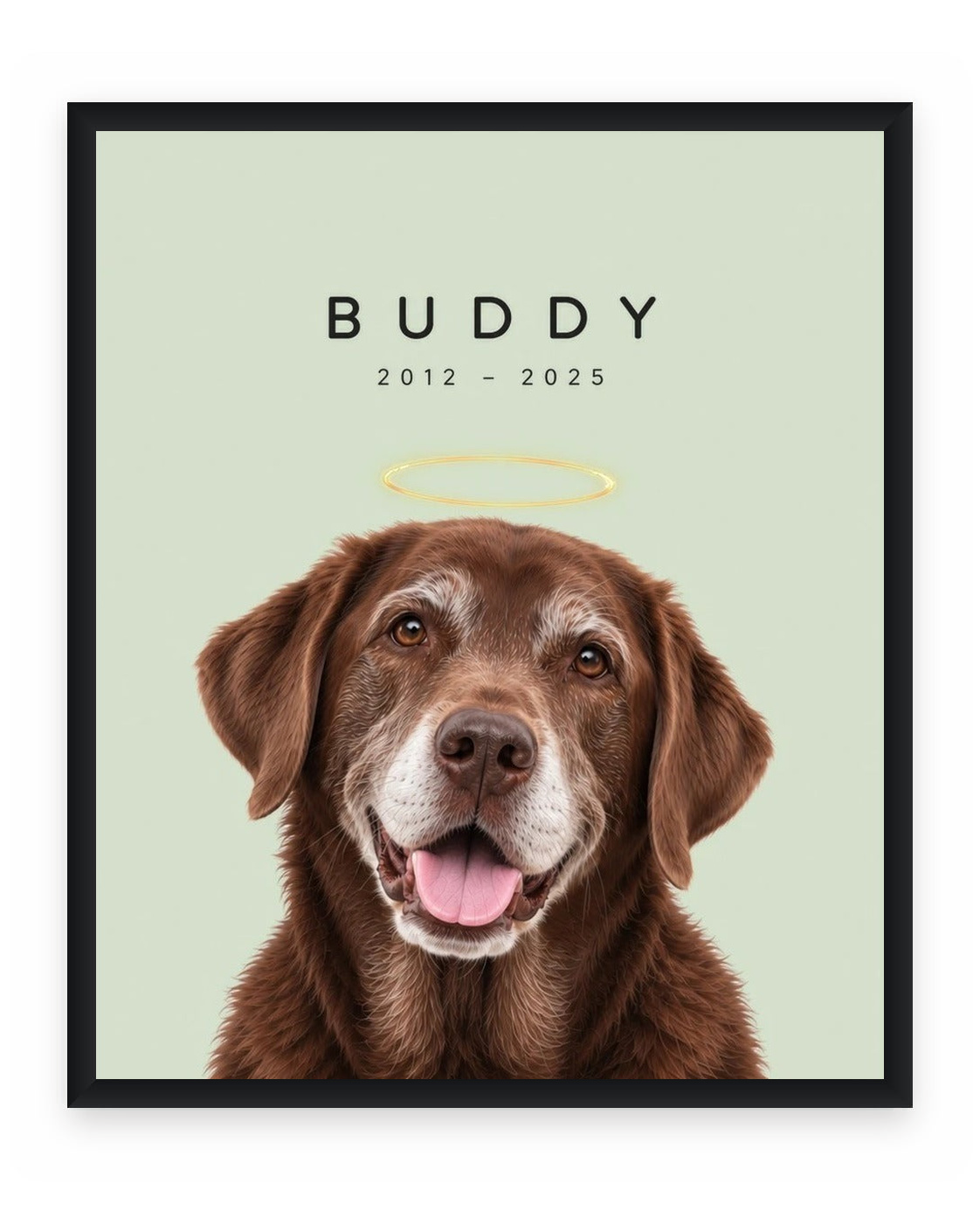 Forever Loved example, Sage background, With name print, Black frame