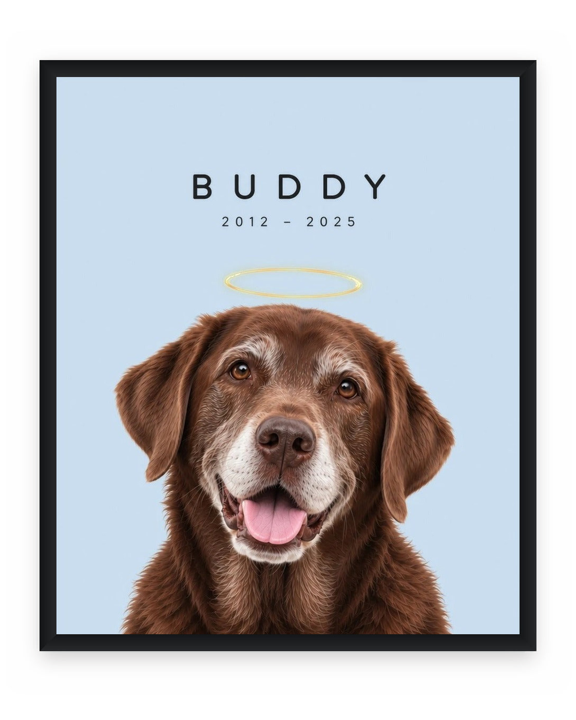 Forever Loved example, Sky Blue background, With name print, Black frame