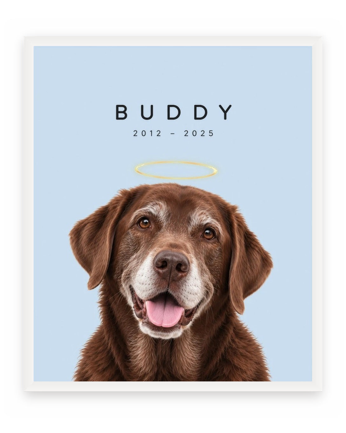 Forever Loved example, Sky Blue background, With name print, White frame