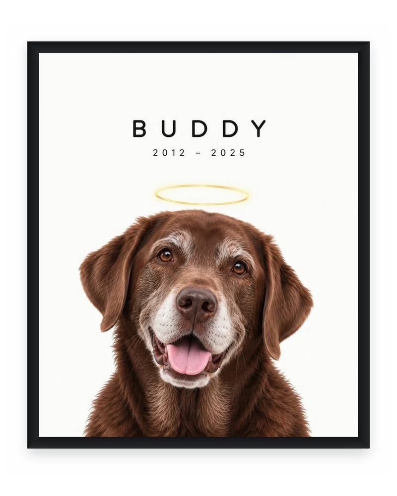 Forever Loved example, White background, With name print, Black frame