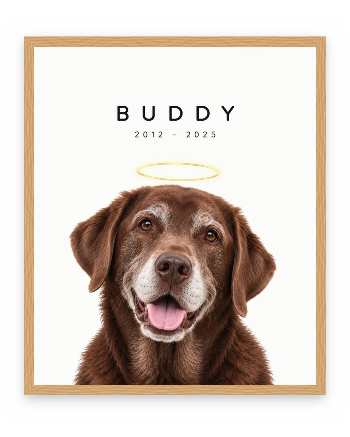 Forever Loved example, White background, With name print, Oak frame